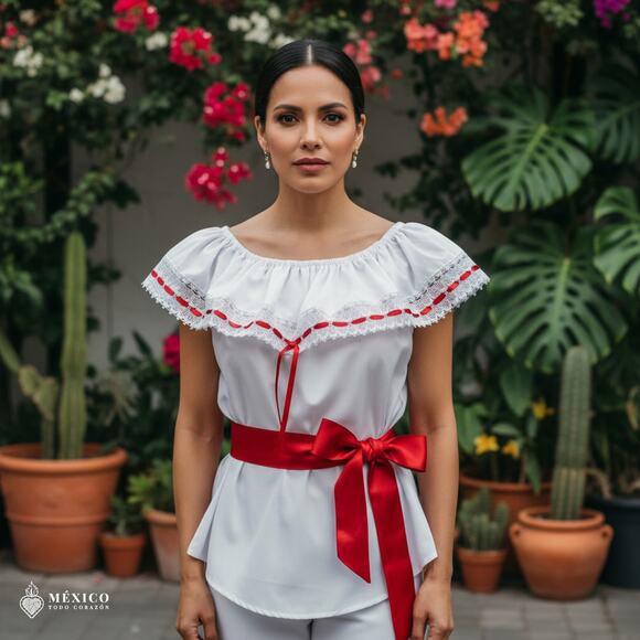 White Mexican Blouse with Lace Trim – Lightweight Chiffon-Style Top for Women - Picture 1 of 3